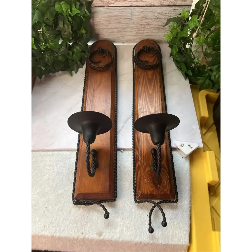 2 Wood Sconces Rustic Farmhouse Black Wrought Iron Twisted Iron Vintage